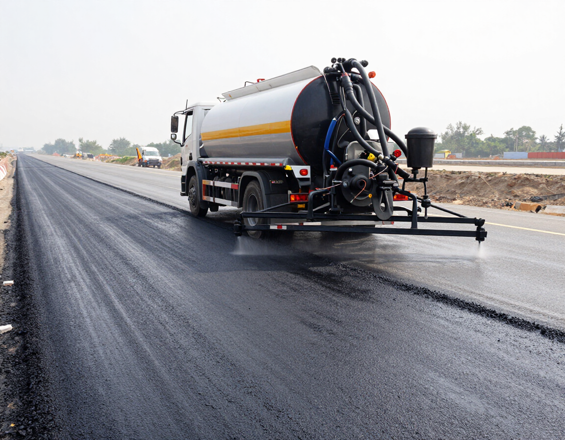 Camión pavimentador rociando asfalto fresco sobre un carril mojado de la carretera