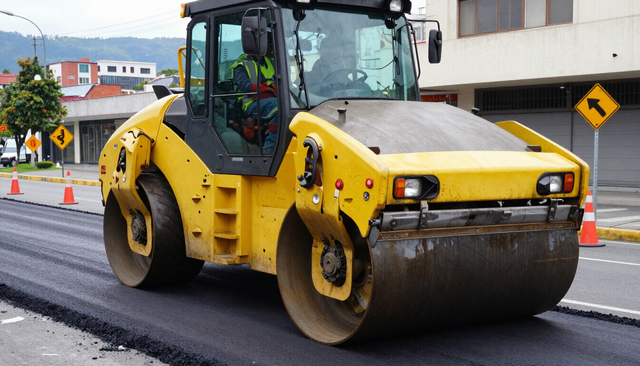 Apisonadora amarilla compactando asfalto recién extendido en una calle, con conos de tráfico cerca