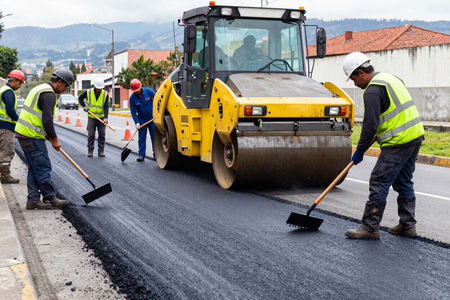 Obreros pavimentando una calle con un rodillo apisonador amarillo y escobas sobre asfalto mojado