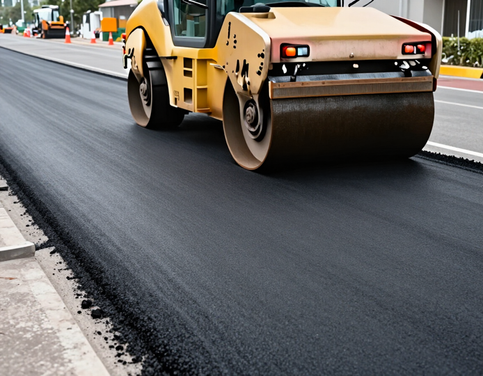 Rodillo compactador amarillo pavimentando una carretera de asfalto negro recién colocada en una obra vial