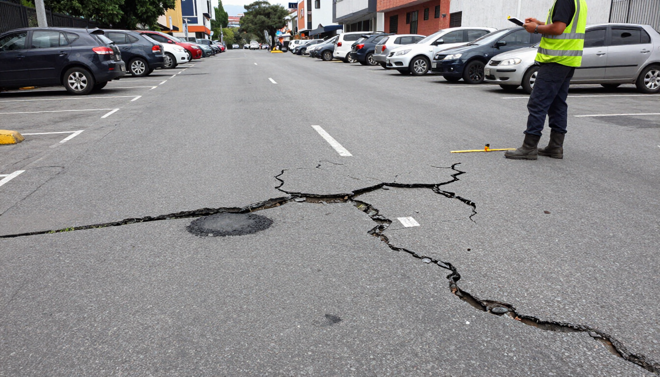 Carretera dañada con grandes grietas y un trabajador con chaleco reflectante en una calle de la ciudad