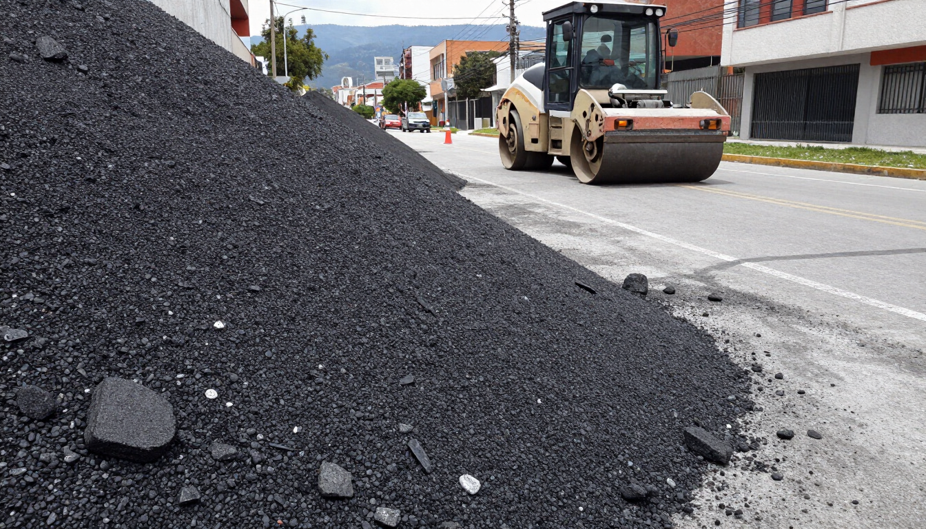 Una pavimentadora coloca asfalto negro junto a una calle, mientras una apisonadora trabaja cerca, en un barrio.