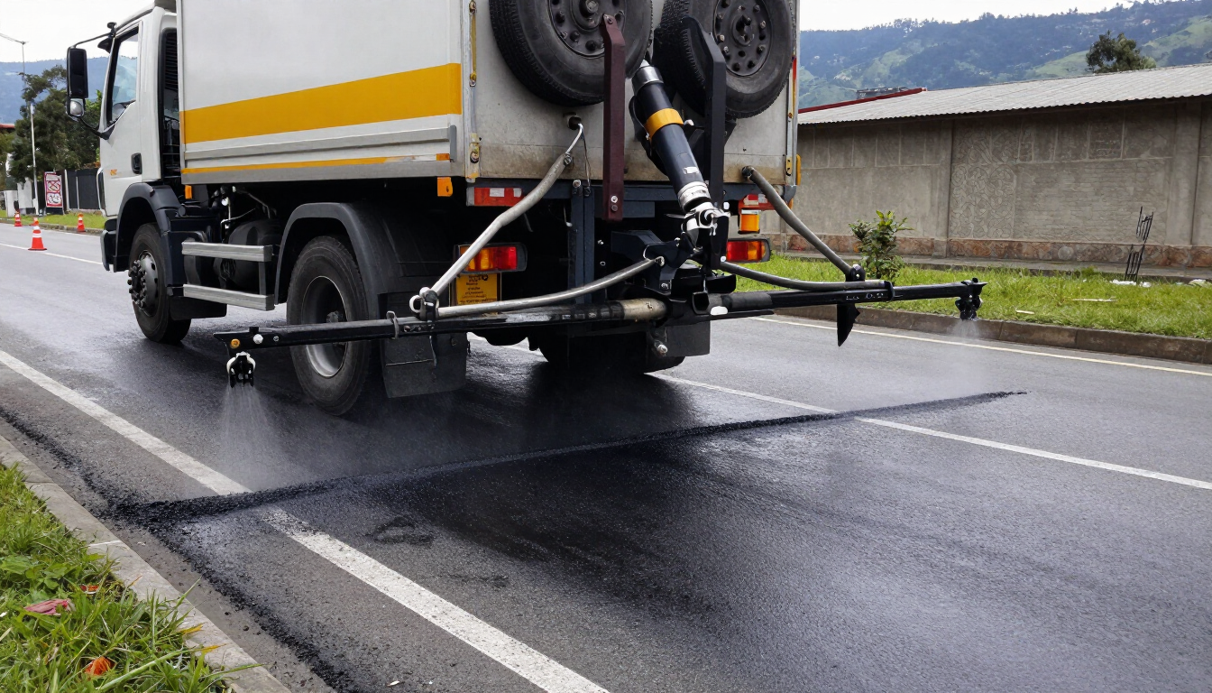 Camión de mantenimiento vial rociando agua sobre una carretera recién asfaltada y mojada
