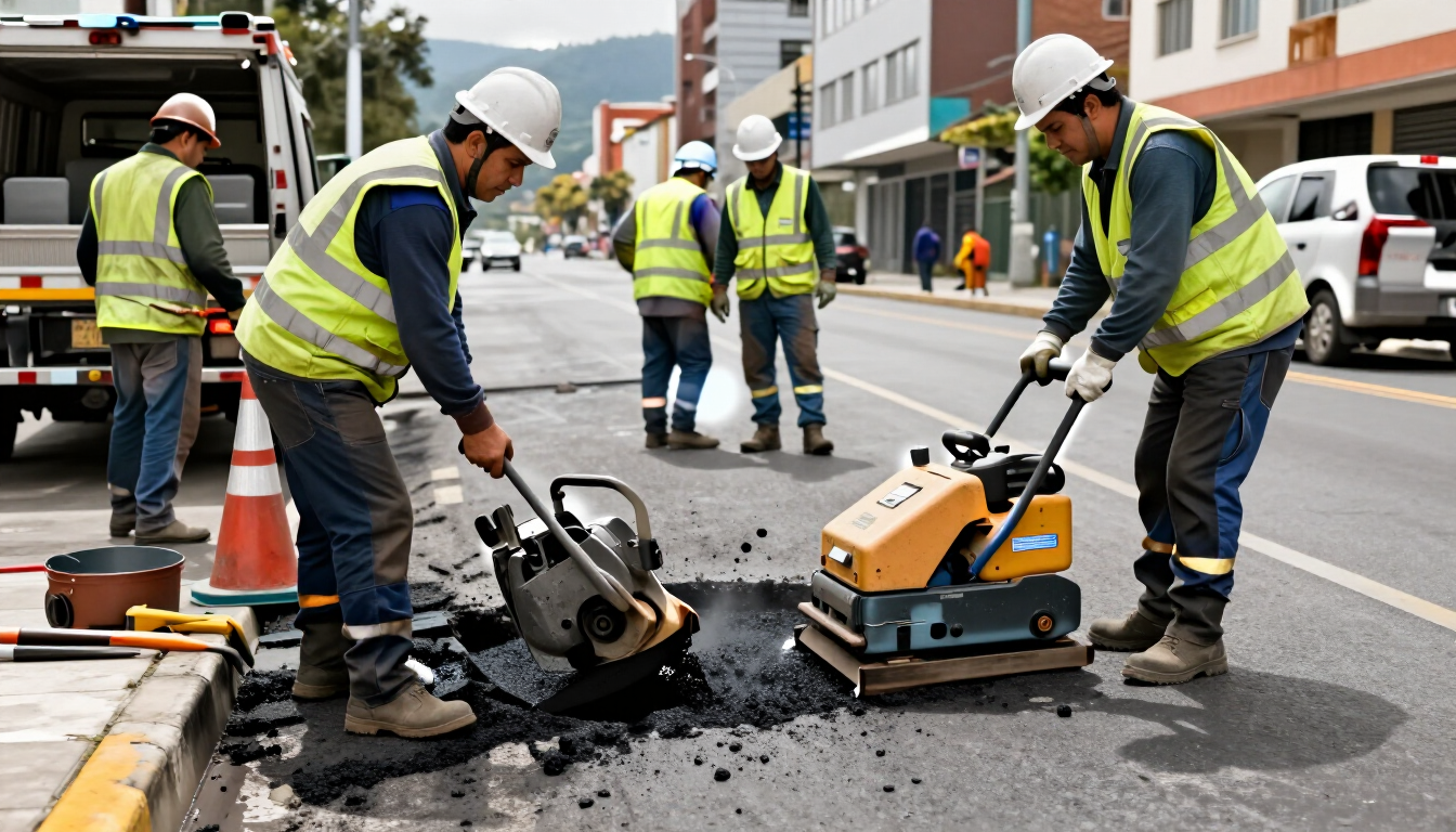 Los trabajadores de la carretera, con chalecos de alta visibilidad