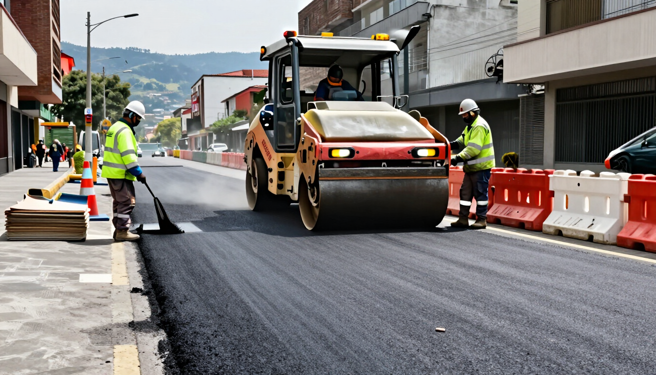 Un equipo de pavimentación asfaltando una calle