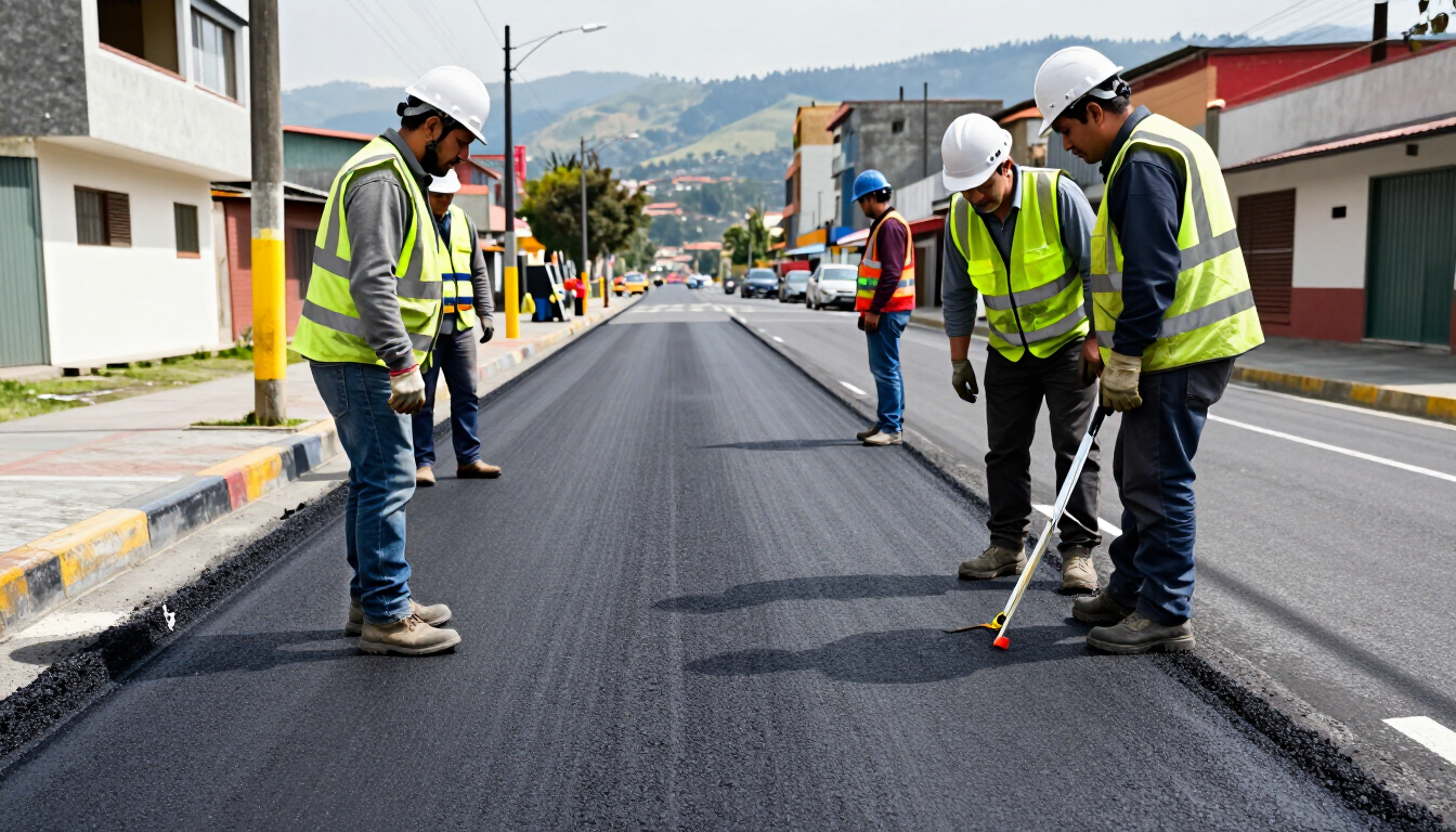 Obreros viales con cascos y chalecos reflectantes pintando nuevas líneas de carril en una calle recién asfaltada.