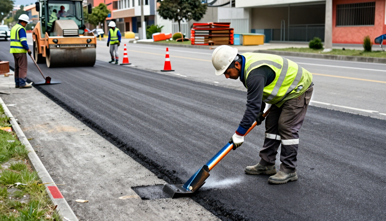 Trabajadores de la carretera asfaltan una calle
