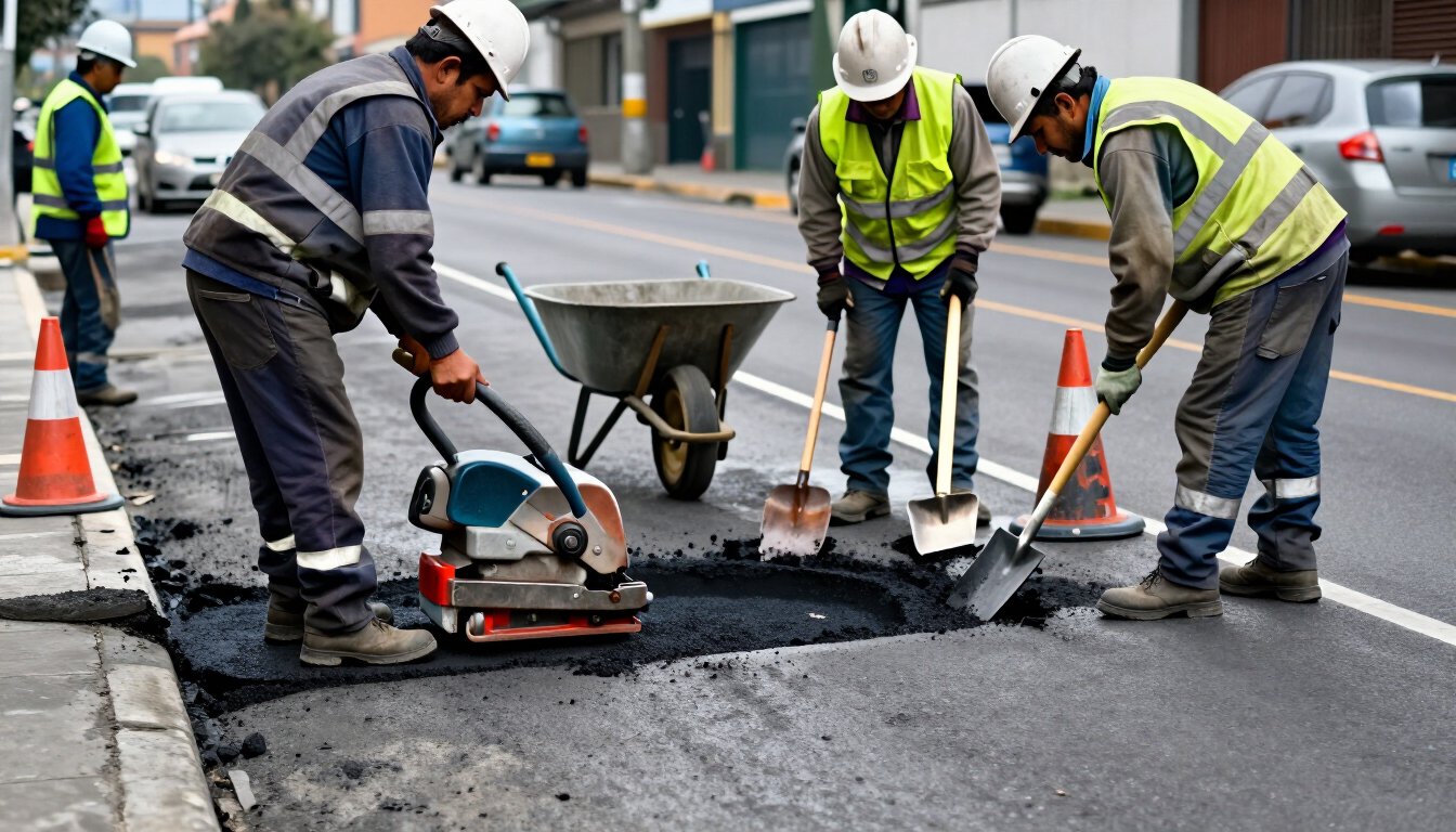 Obreros reparando una calle asfaltada en mal estado con herramientas, conos y una carretilla