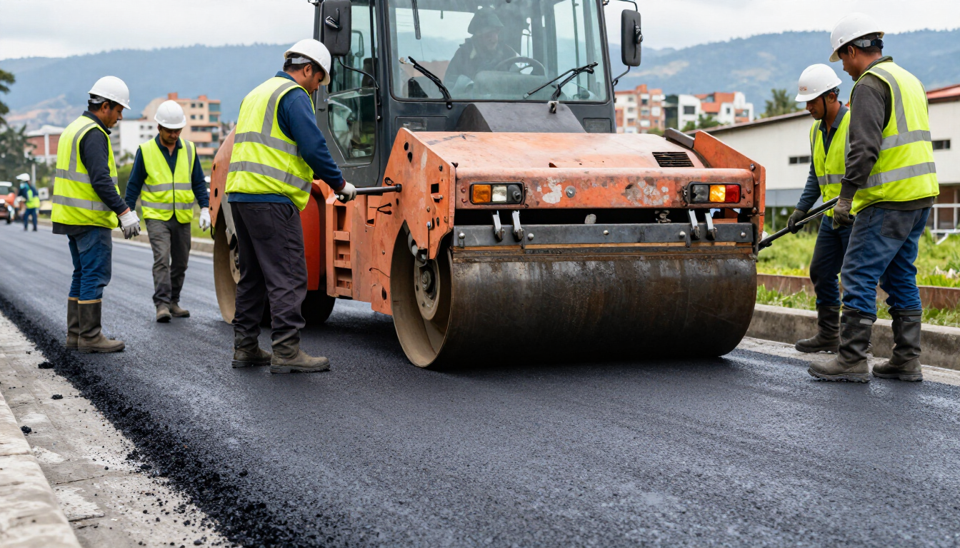 Trabajadores con chalecos de seguridad pavimentando una carretera con un rodillo compactador naranja