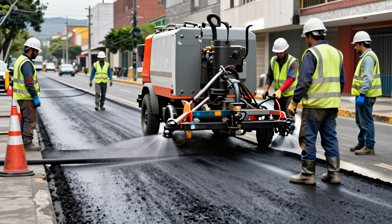 Un equipo de carretera rocía asfalto nuevo