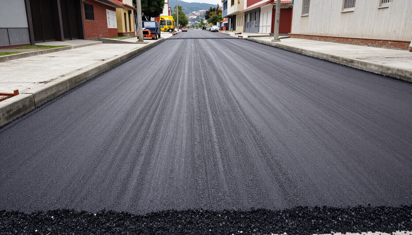 Una calle vacía recién asfaltada entre edificios, con asfalto oscuro y aceras a ambos lados