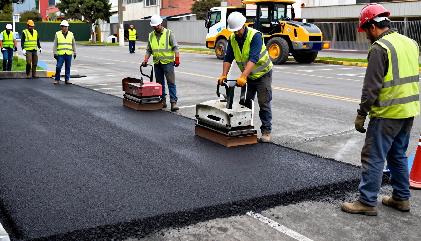 Trabajadores de la carretera asfaltando una calle con compactadores de asfalto y chalecos de seguridad
