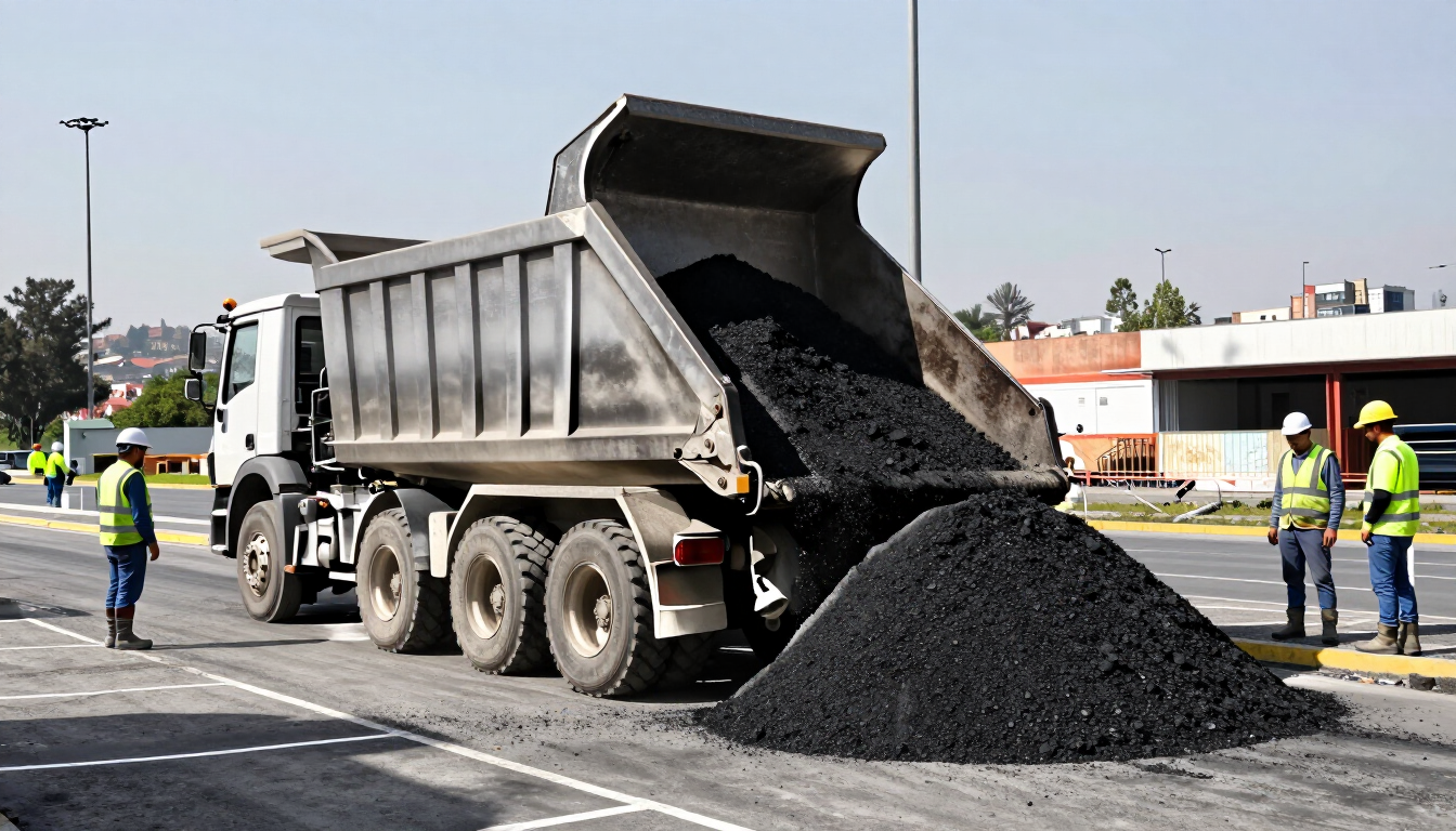 Un camión volquete descarga un montón de asfalto negro en una carretera mientras hay trabajadores cerca