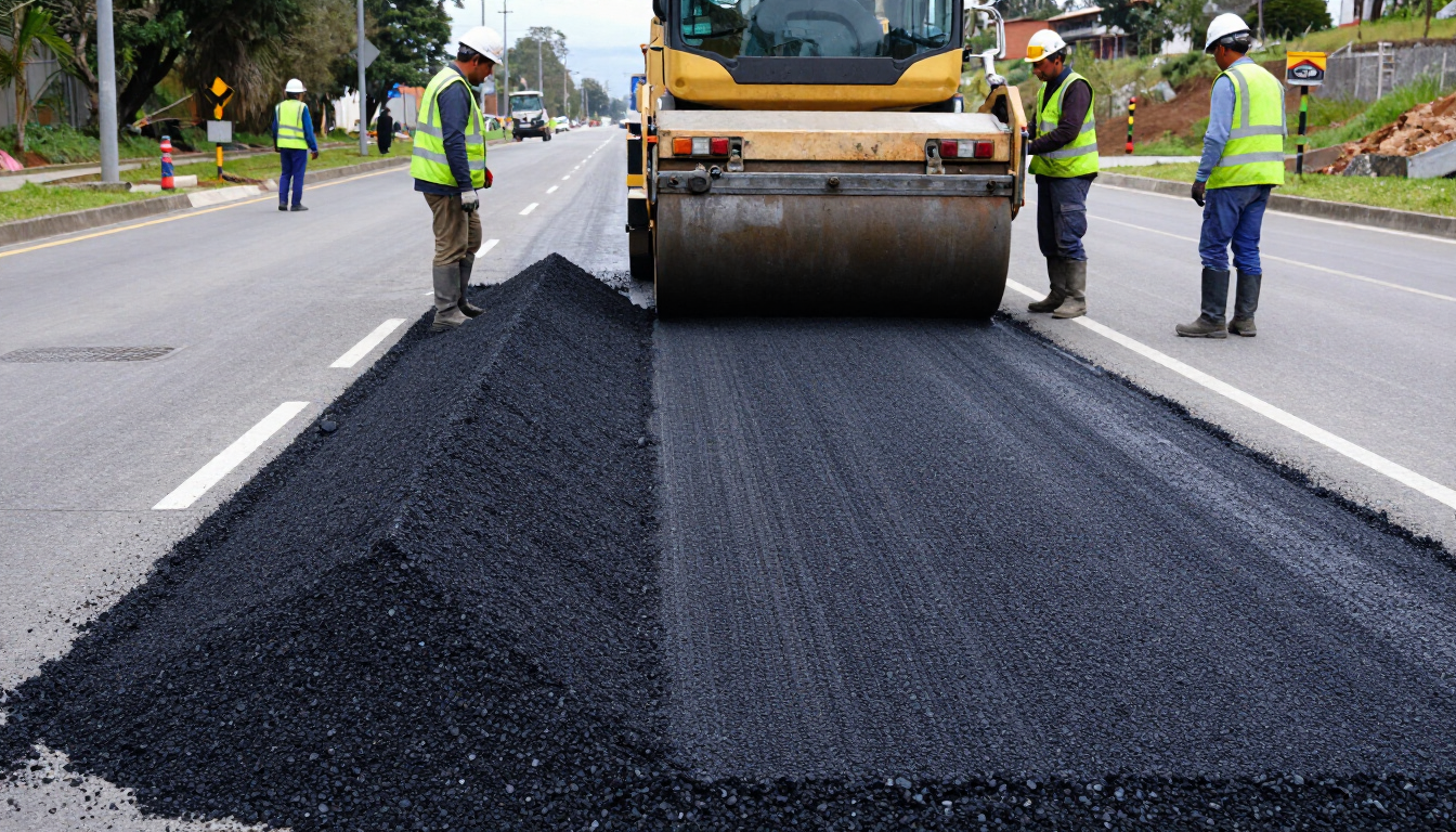 Un equipo de obras viales extendiendo asfalto negro nuevo con una apisonadora en una calle en reparación