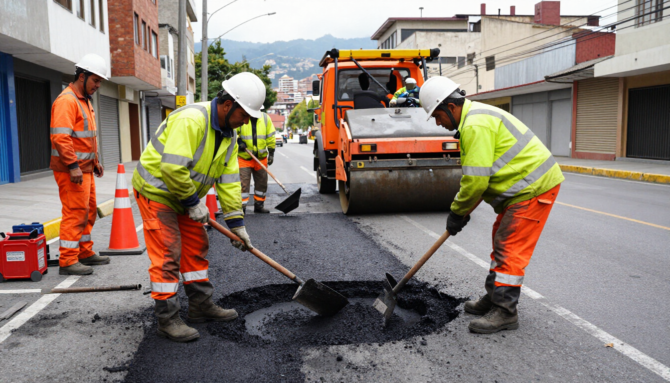 Un equipo de mantenimiento vial con ropa de trabajo naranja