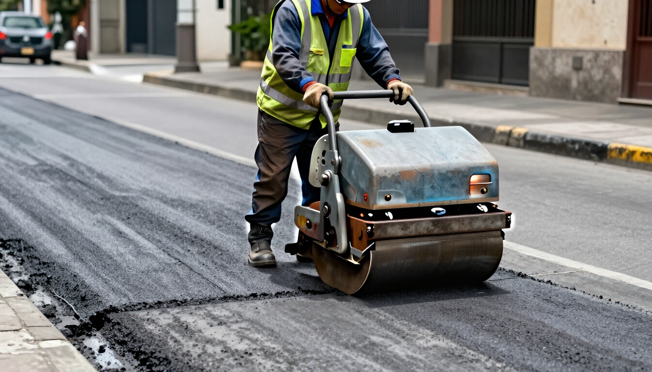 Un trabajador maneja una apisonadora para compactar asfalto recién colocado en una calle de la ciudad