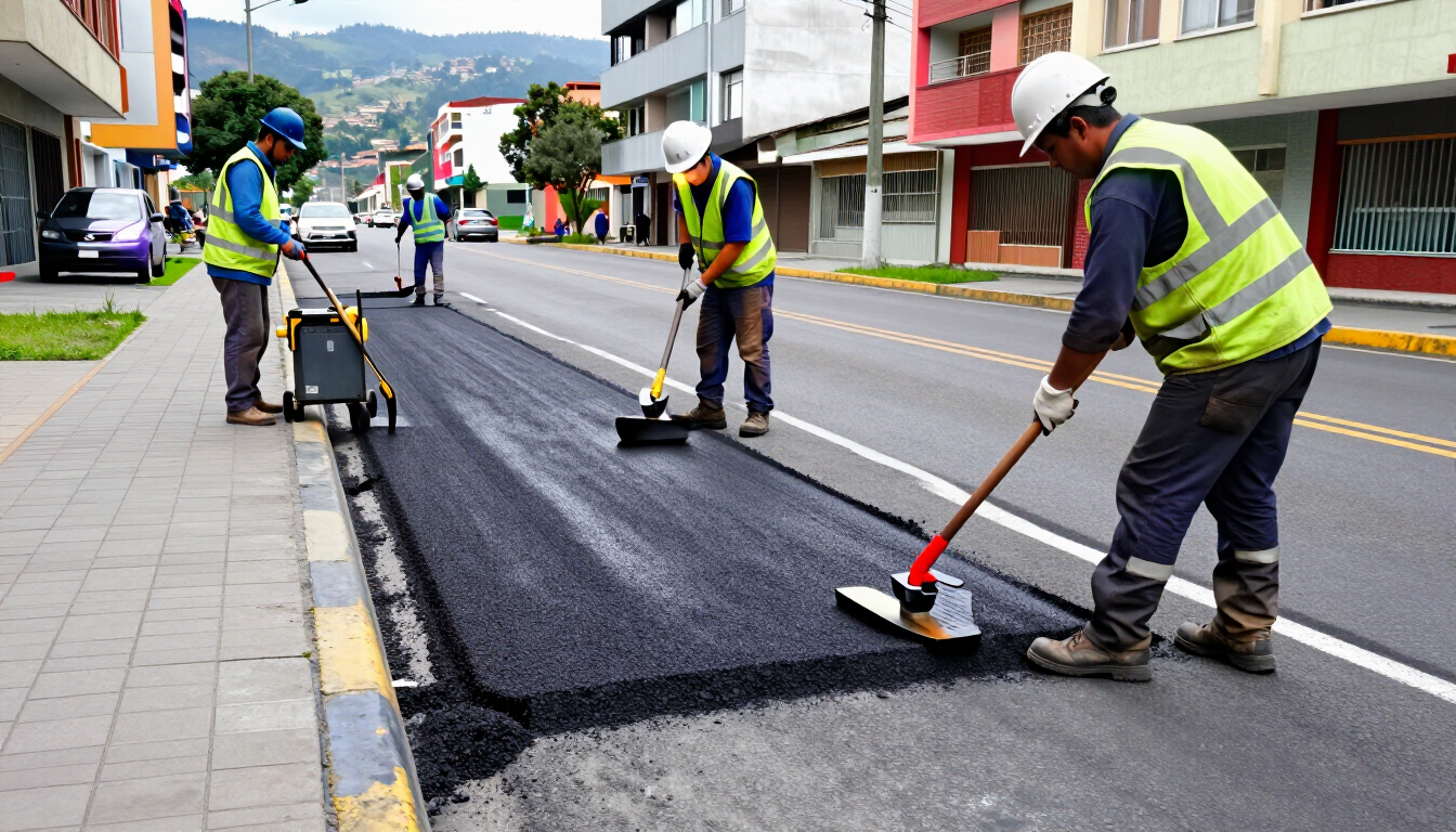 Obreros asfaltando una carretera con asfalto negro recién colocado, junto a una acera y unos edificios