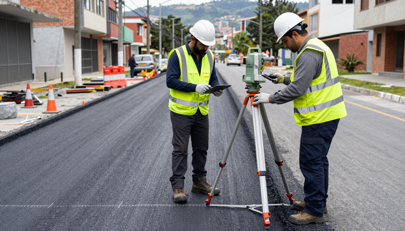 Dos trabajadores con cascos y chalecos de seguridad midiendo el asfalto recién colocado en una obra vial