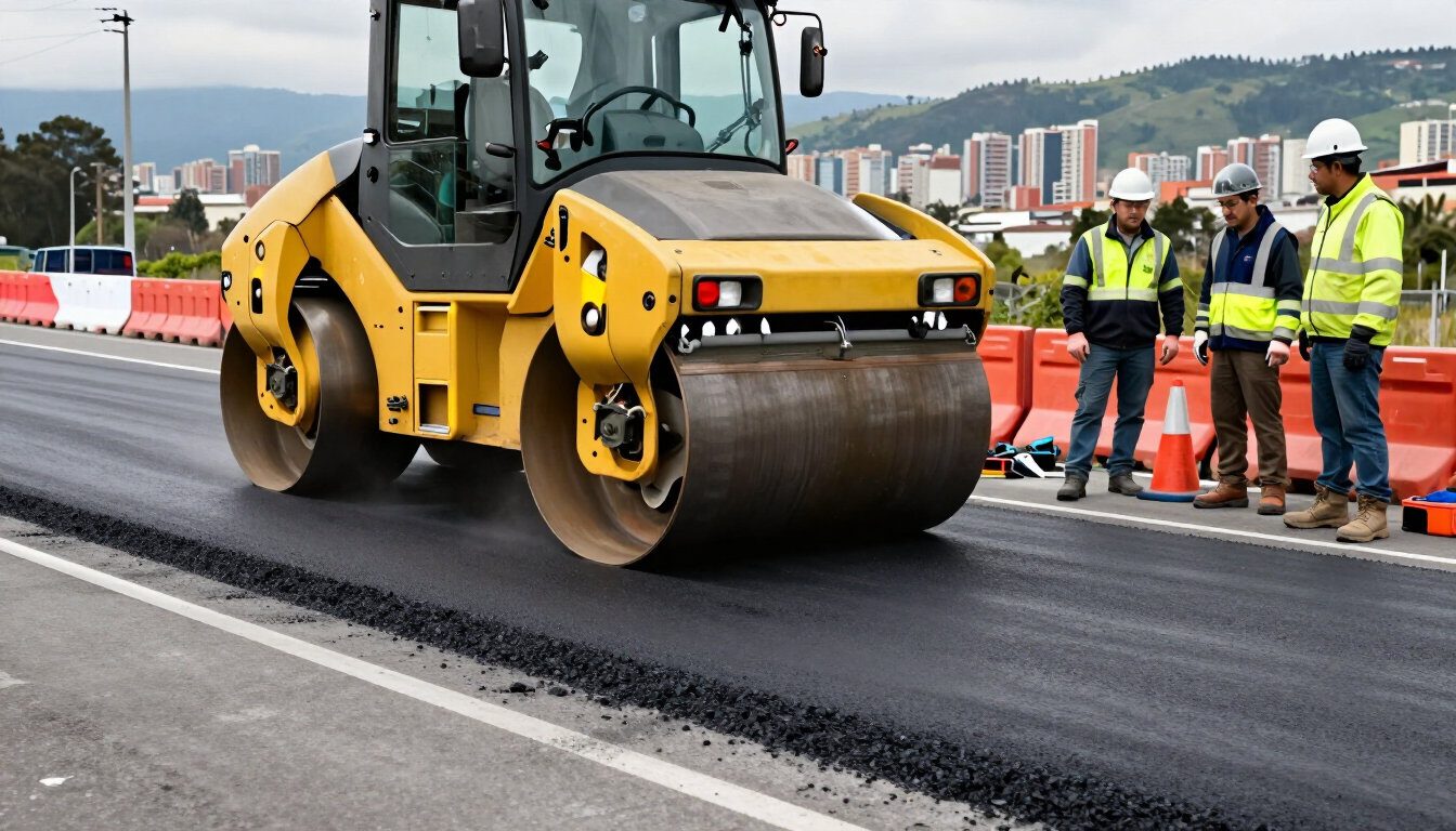 Una apisonadora amarilla pavimenta una carretera