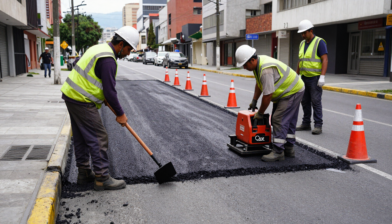 Operarios reparando el asfalto en una calle de la ciudad, con conos y una máquina pavimentadora