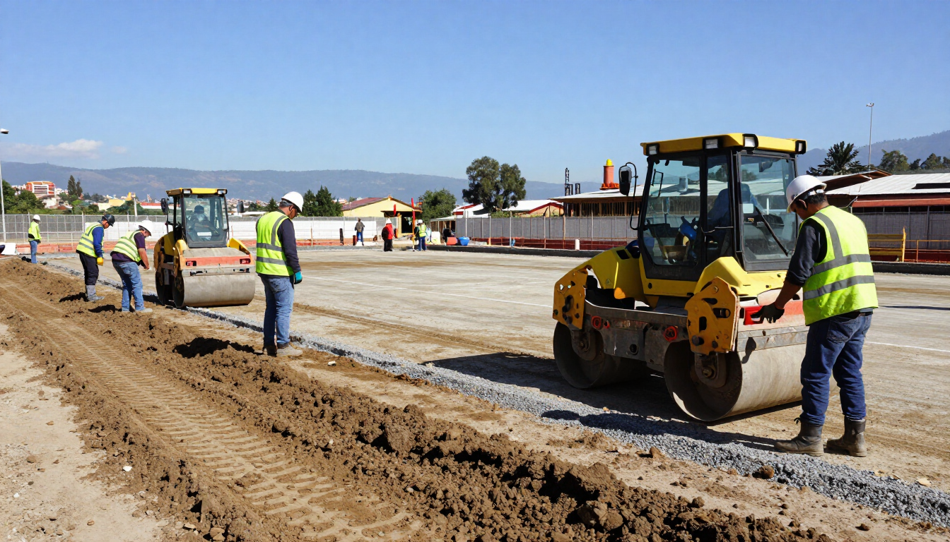 Un equipo de construcción de carreteras con una apisonadora amarilla pavimenta un camino de tierra bajo un cielo despejado.