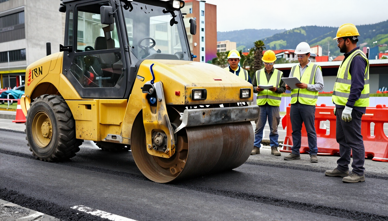 Una apisonadora amarilla extiende asfalto mientras unos trabajadores con cascos supervisan las obras en una calle