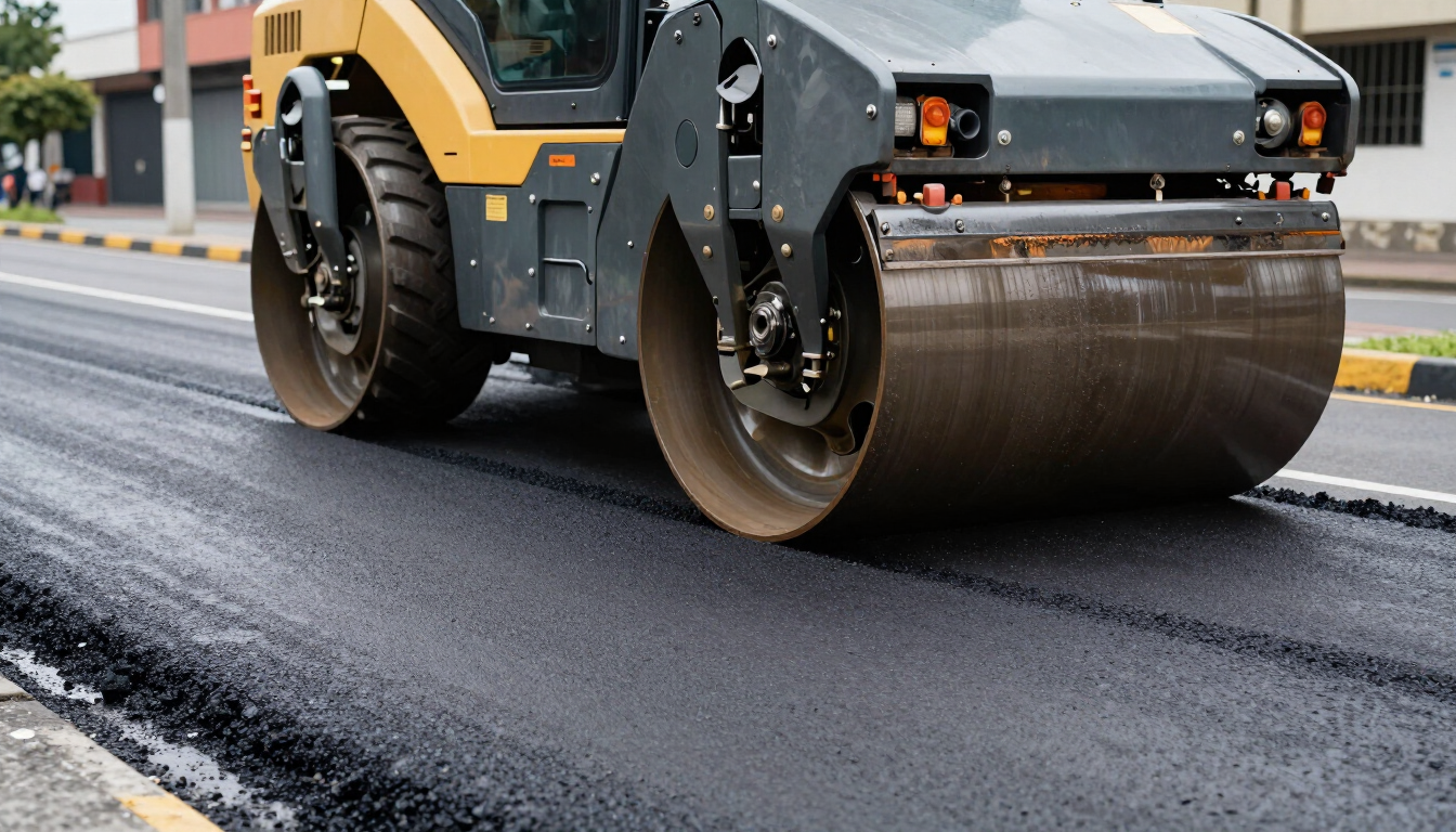 Rodillo compactador amarillo asfaltando una calle con asfalto negro recién extendido durante unas obras viales