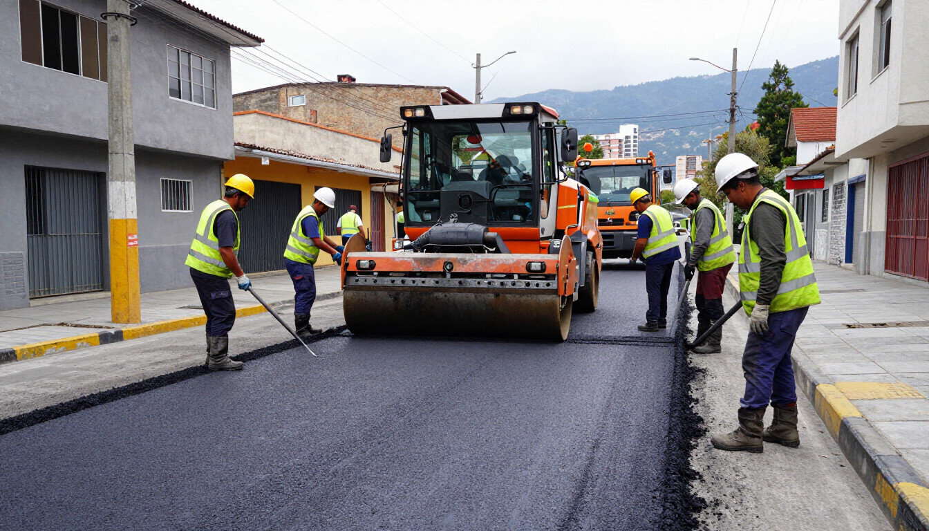 Cuadrilla de operarios pavimentando una calle con una pavimentadora de asfalto y trabajadores con equipo de seguridad