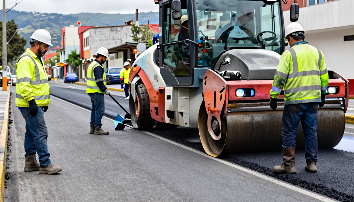 Trabajadores de la carretera con chalecos de alta visibilidad asfaltan una calle junto a una apisonadora y una pavimentadora.