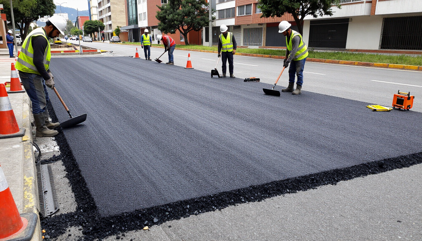 Obreros colocando asfalto negro nuevo en una calle de la ciudad junto a conos de tráfico naranjas