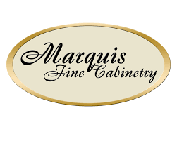 Marquis Fine Cabinetry logo in black script on a gold oval background