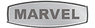 Gray Marvel logo in bold black uppercase letters inside an oval badge