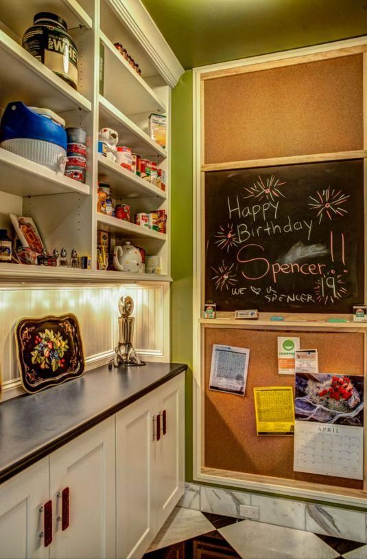 Built-in cabinet with shelves, chalkboard reading “Happy Birthday Spanker,” and a floor calendar in a cozy room