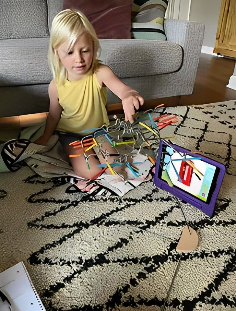 A little girl is sitting on the floor playing with a tablet