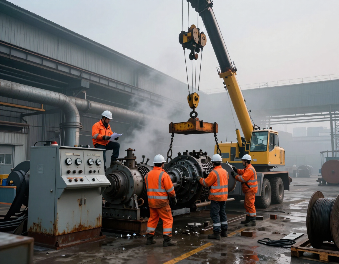 Crew dismantling industrial machinery