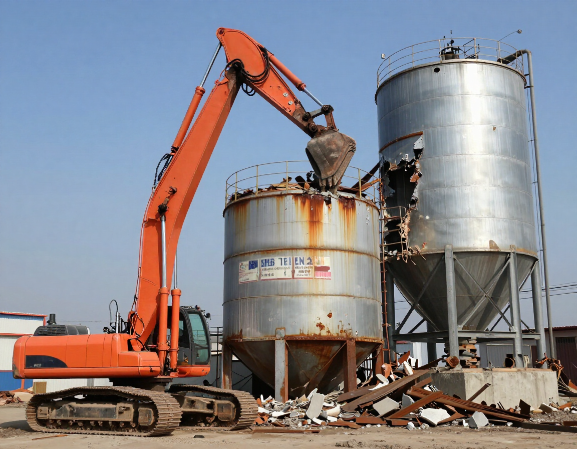 High-reach excavator demolishing an industrial storage tank