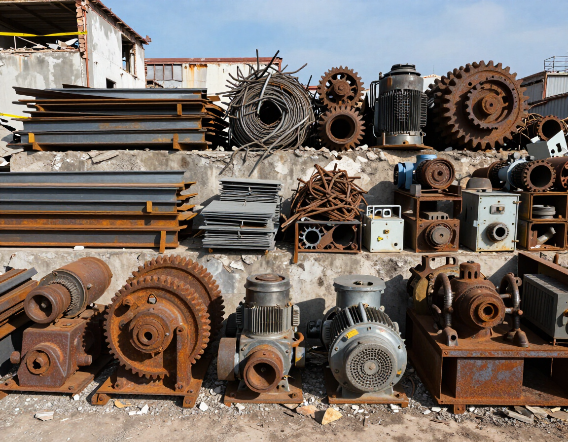 Sorted scrap metal and recovered industrial equipment