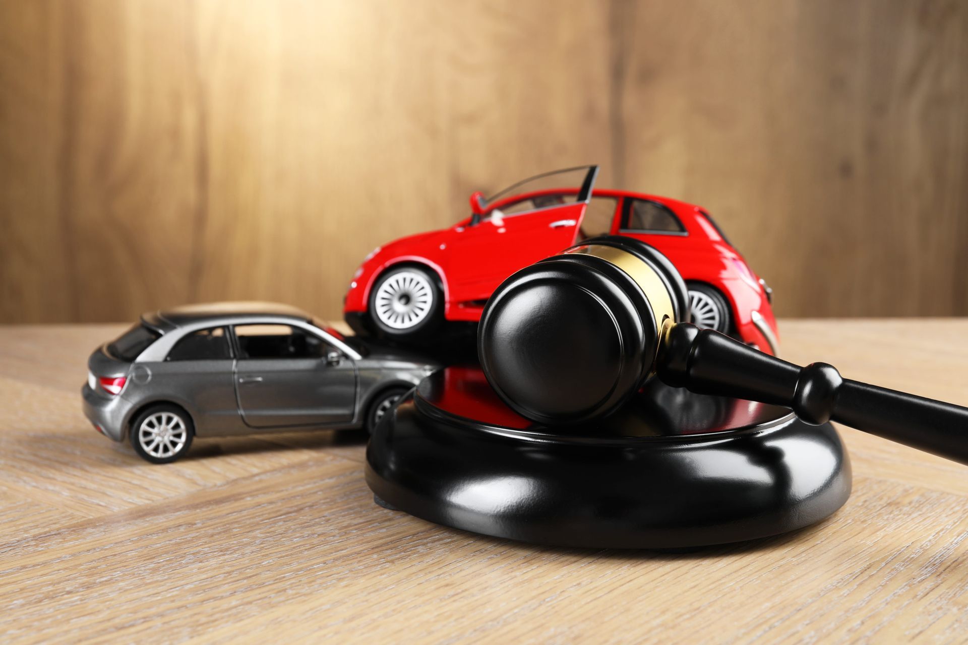 Toy cars and a gavel on a desk, symbolizing auto insurance or accident claims