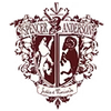 Burgundy and white family crest: lion and ram, 