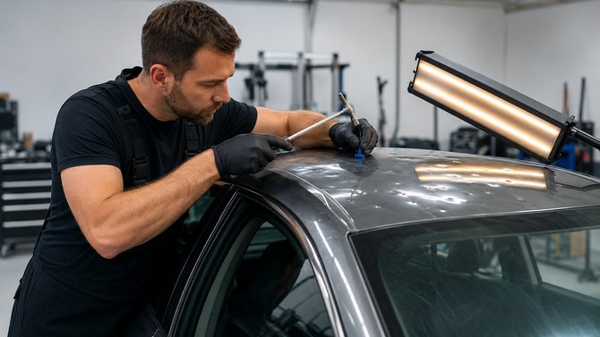 Un tecnico lucida il tetto di un'auto in un garage sotto potenti luci di ispezione.