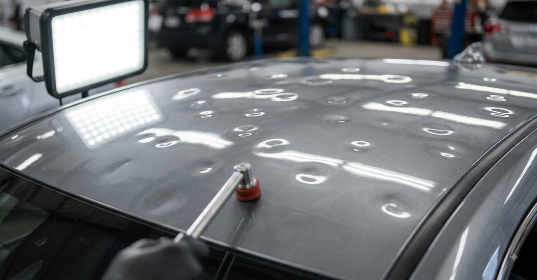 Tetto bianco di un'auto con strisce riflettenti e una piccola antenna rossa in un garage coperto.