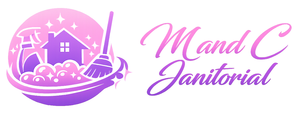 A pink and purple logo for Mand C Janitorial featuring a house, cleaning spray, and broom inside a soapy circle.