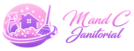 A pink and purple logo for Mand C Janitorial featuring a house, cleaning spray, and broom inside a soapy circle.