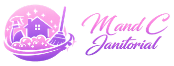 A pink and purple logo for Mand C Janitorial featuring a house, cleaning spray, and broom inside a soapy circle.