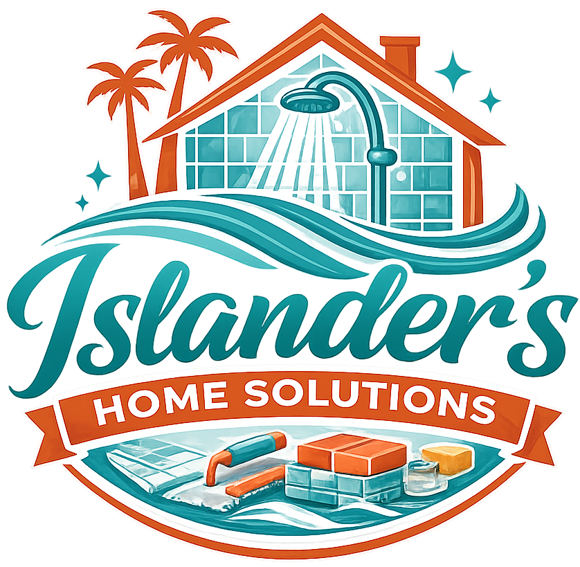 Islander's Home Solutions logo with teal house, palm trees, shower, and orange banner over water