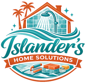 Islander's Home Solutions logo with teal house, palm trees, shower, and orange banner over water