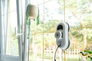 Small white robot vacuum mounted on a window, near a hanging plant in a bright room.