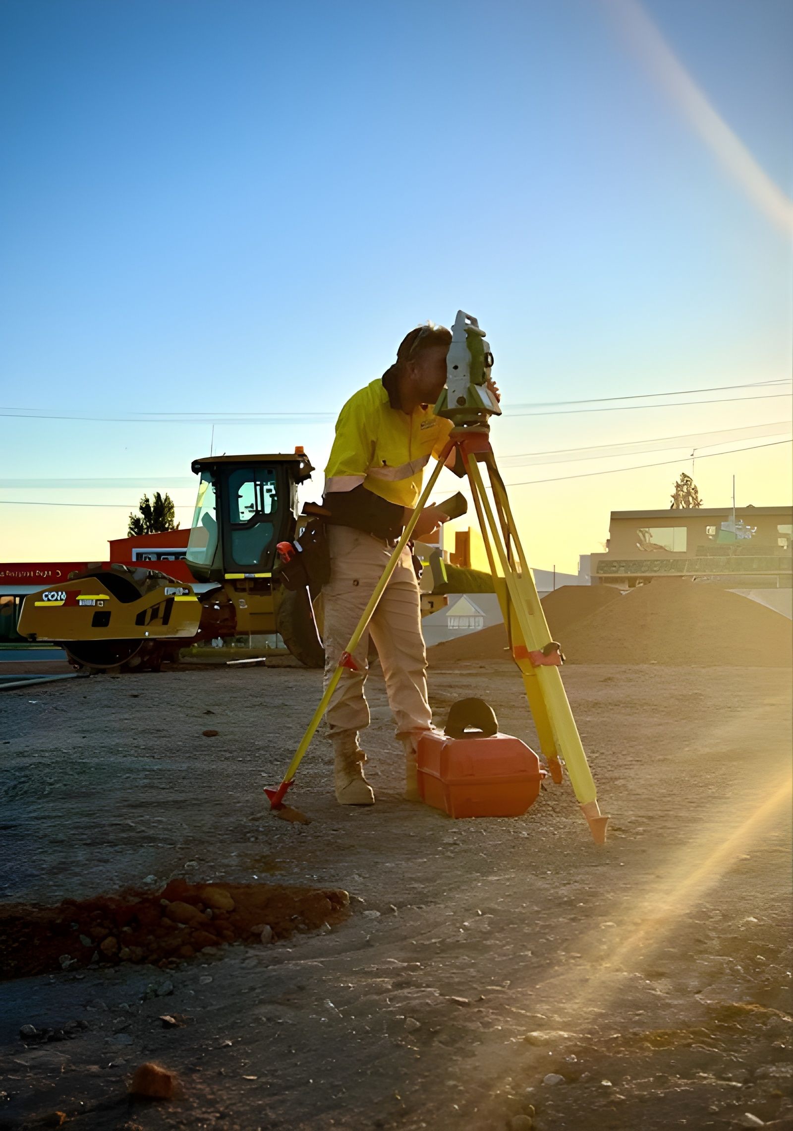 Surveyor using a theodolite on a tripod at a construction site during sunset — Point to Point Surveying In Tatura, VIC