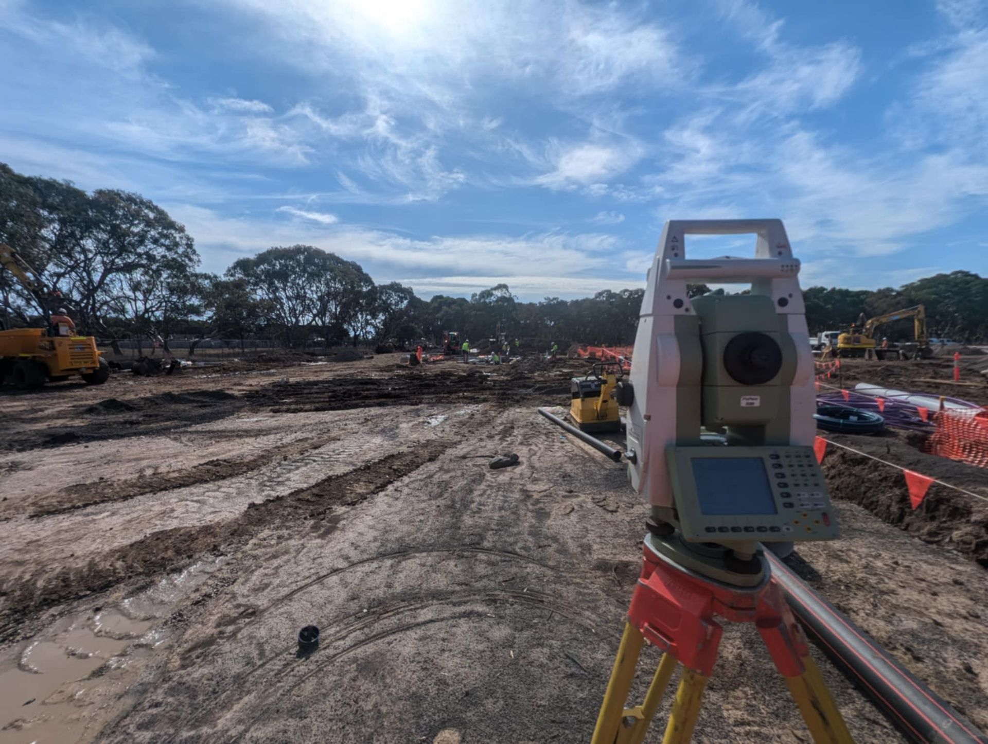 A Total Station is Sitting on a Tripod on a Development — Point to Point Surveying In Tatura, VIC