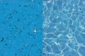 Blue pool water with a sparkling split view, darker on the left and sunlit ripples on the right